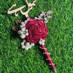 Maroon Ribbon Flower Nikah Pen with Metal Embellishments
