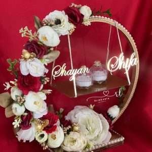 Engagement Ring Stand in Red ad White Flowers