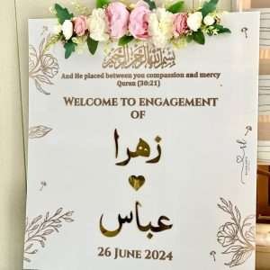 Welcome Board in White and Gold with Floral Decor