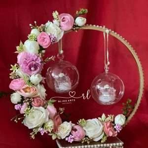 Engagement Ring Stand in Shades of Pink Flowers with Glass Globes