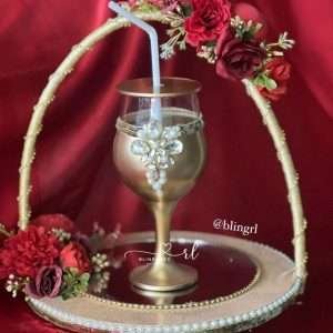 Handle Tray and Glass with Decor in Red