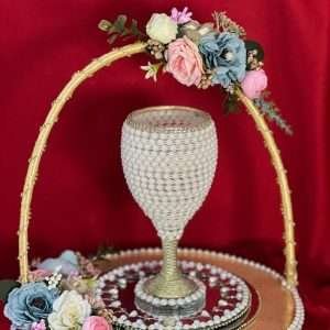 Handle Tray and Pearl Glass with Blue and Pink Decor