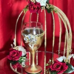 Metal Doodh Pilai Set with Rose Decor and Gold Glass