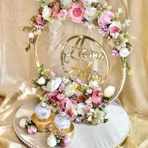 Engagement Ring Stand in Pink and White Flowers with Wood Base