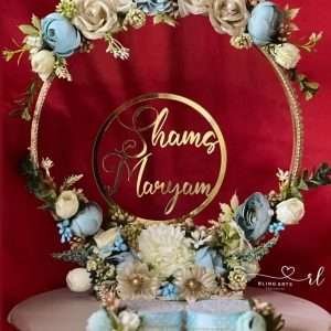 Engagement Ring Stand in Ice Blue and White Flowers with Wooden Base