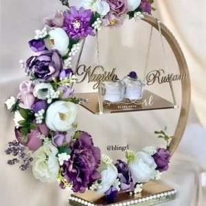 Engagement Ring Stand with Purple and White Flowers