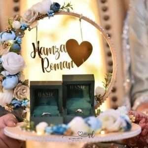 Engagement Ring Stand in Ice Blue and White with Wood Base, Mirror and Acrylic Names
