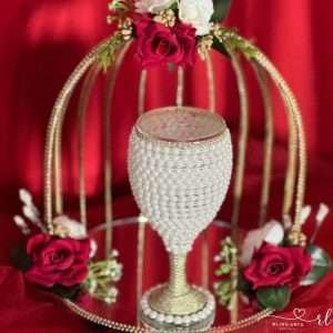 Metal Doodh Pilai Set in Red Rose Decor with Pearl Glass