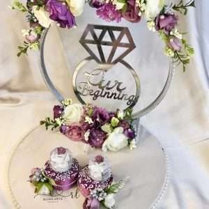 Engagement Ring Stand in Purple and White Flowers with Wooden Base