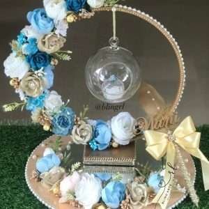 Engagement Ring Stand in Ice Blue White and Gold with a Wood Base and Mirror