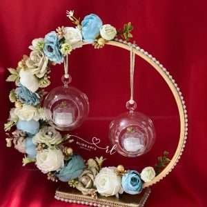 Engagement Ring Stand in Ice Blue and White Flowers with Glass Globes