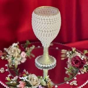 Doodh Pilai Set in Maroon with Wood Base and Pearl Glass