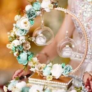 Engagement Ring Stand in Sea Green and White Flowers with Mirror Base