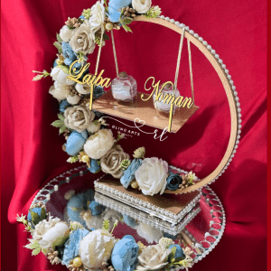 Engagement Ring Stand in Ice Blue and White Flowers with Mirror Base