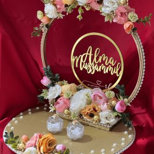 Engagement Ring Stand in shade of Peach and White with Wood Base and Acrylic Name