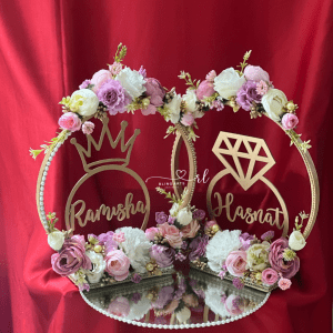 Double Hoop Engagement Stand in Pink and Lilac with Glass Base