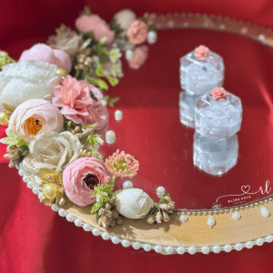 Mirror Tray with Wood Base in Pink and White Decor