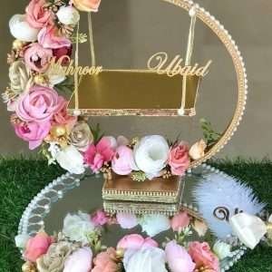 Engagement Ring Stand in pink and peach with mirror tray